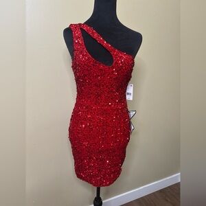 NWT Crystal Doll Red Sequin One-Shoulder bodycon mini Dress
